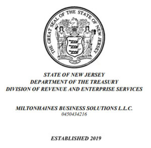 State of New Jersey Department of the Treasury Business License for MiltonHaines Business Solutions, LLC.